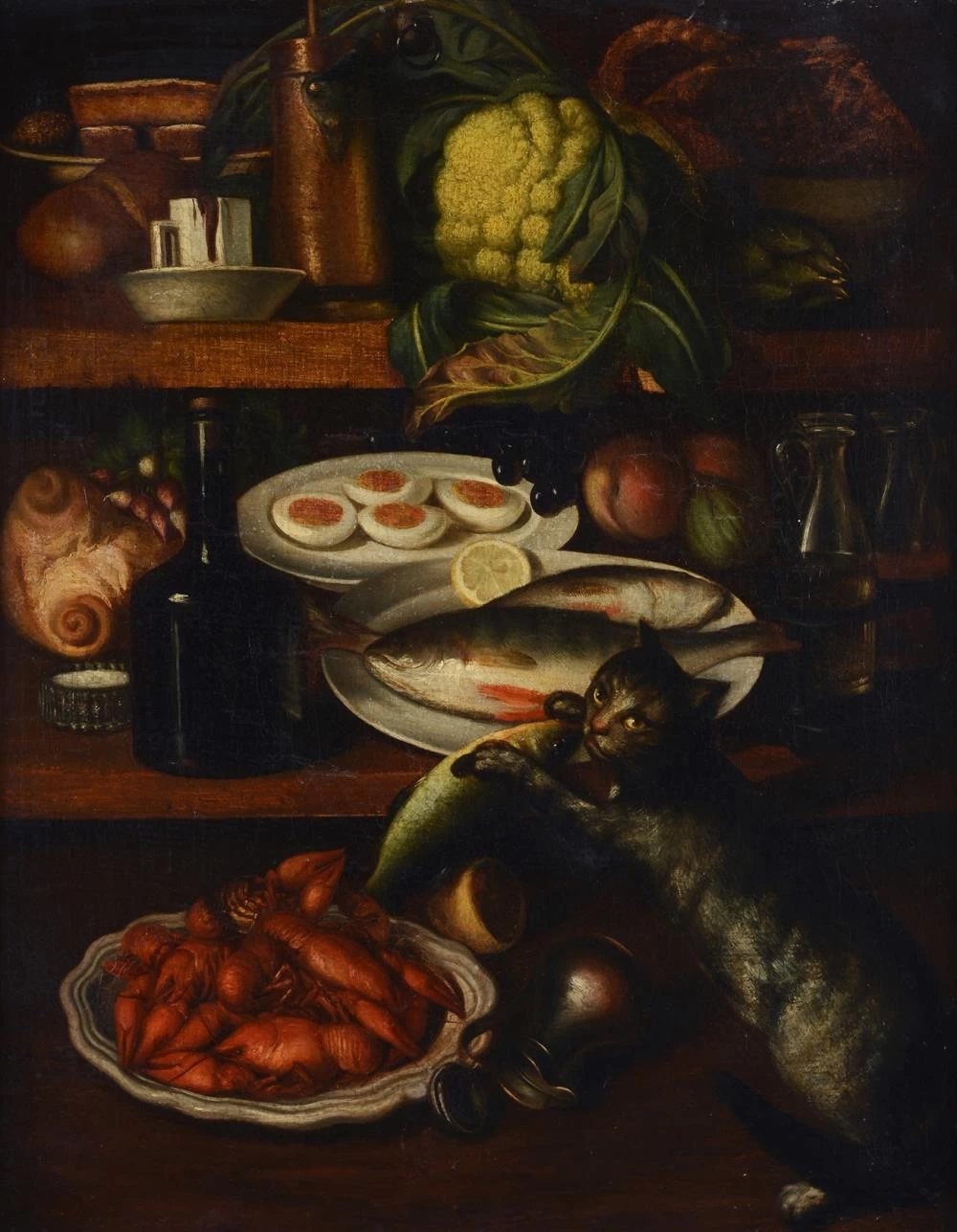 Interno di cucina con vivande e gatto - attribuito
